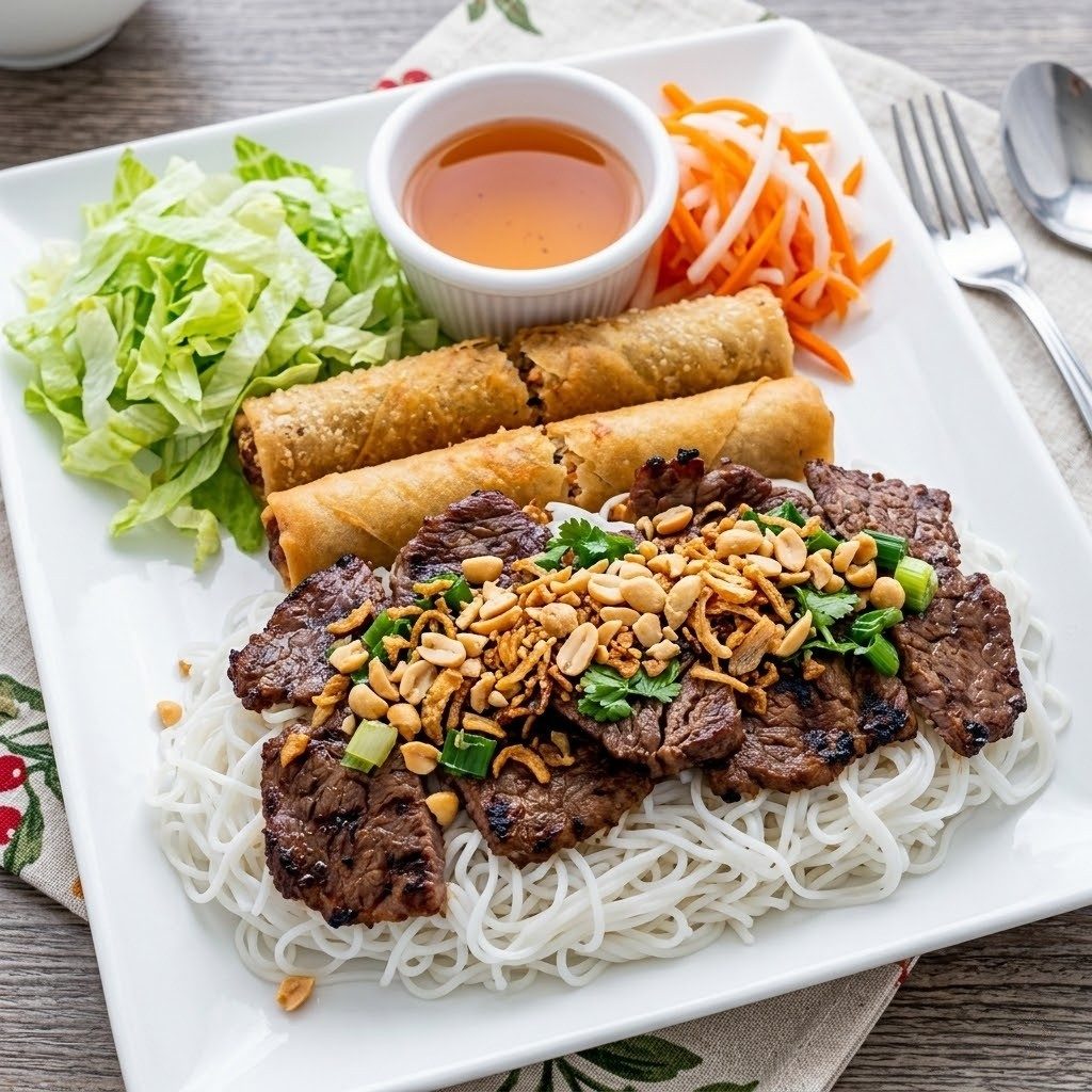 Grilled Meat and Egg Roll Bowl.