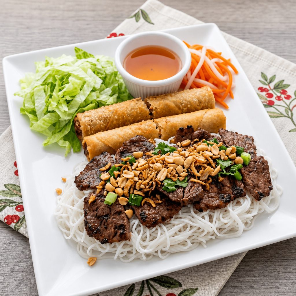 Grilled Meat and Egg Roll Bowl.