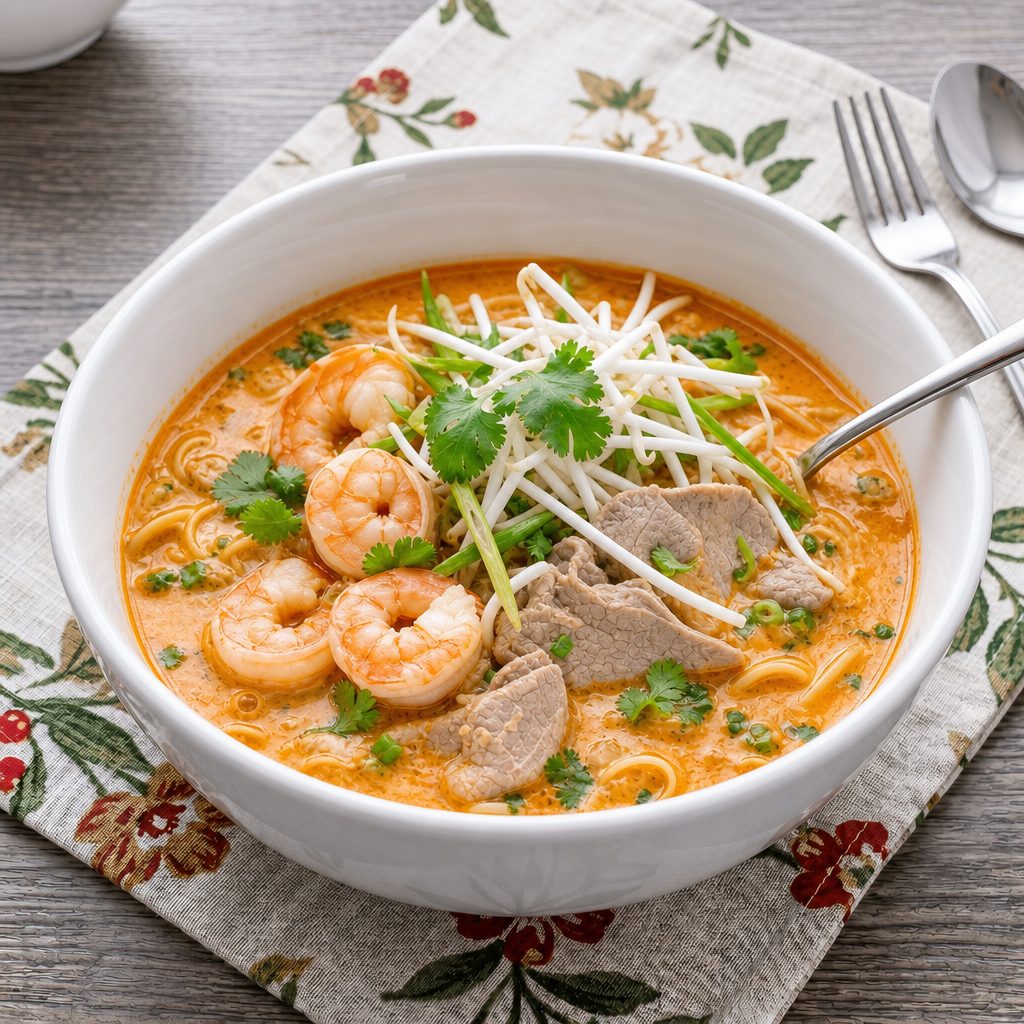 Shrimp and Pork Egg Noodle Soup.