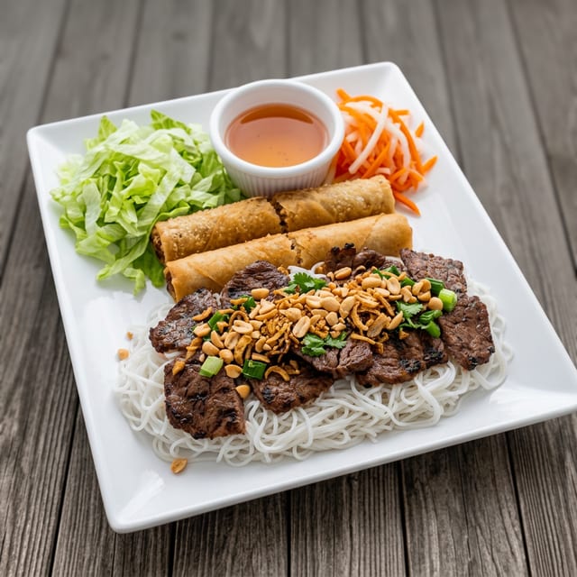 Grilled Meat and Egg Roll Bowl.